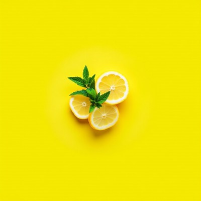Fresh lemons with mint on yellow background