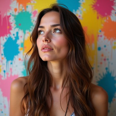 Woman in front of colorful wall