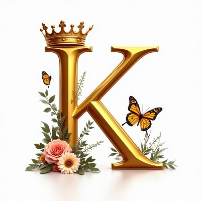 Gold letter k with flowers and butterflies