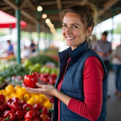 Smiling woman holding red apple at market