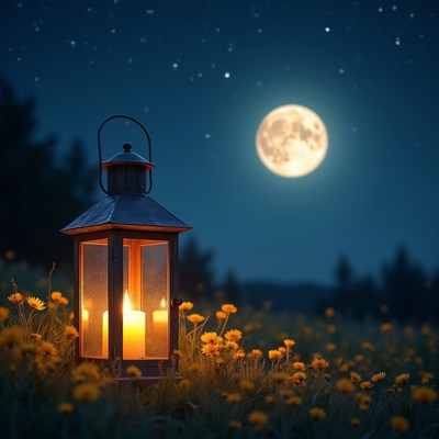 Lantern in a flower field at night