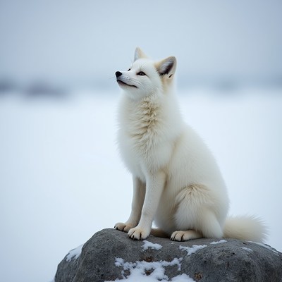 Arctic fox sits on rock in snow