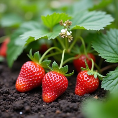 Fresh strawberries growing in garden soil