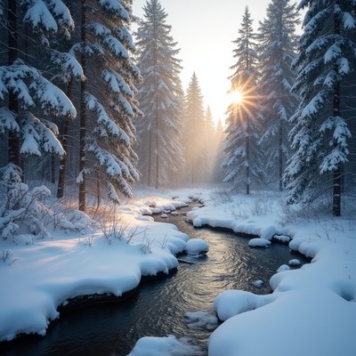 Snowy landscape with sun and stream
