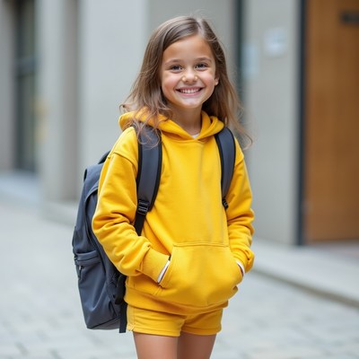 Child with backpack in city street
