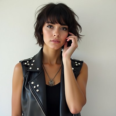 Young woman in leather vest