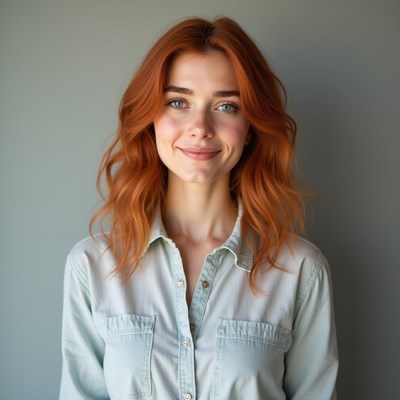 Woman with red hair smiles against wall