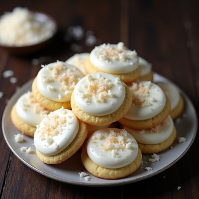 Cookies with white frosting and coconut