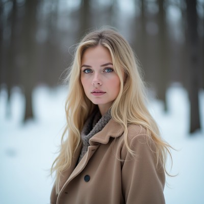 Woman in snowy forest scene