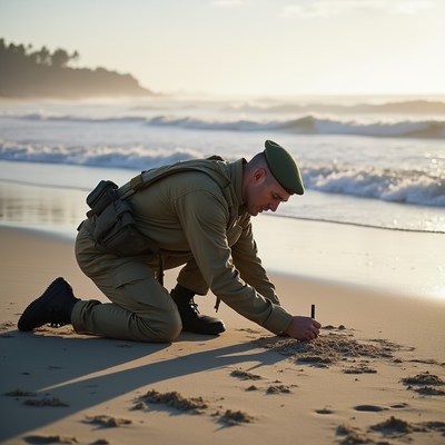 Soldier drawing in the sand by the beach