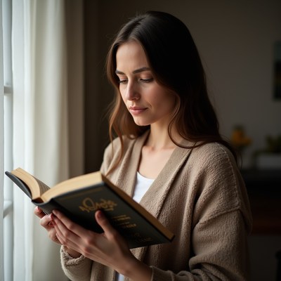 Woman reading a book by window
