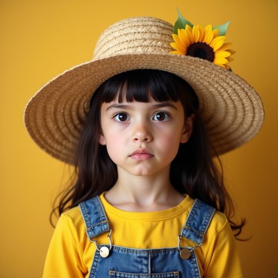 Child with straw hat and sunflower