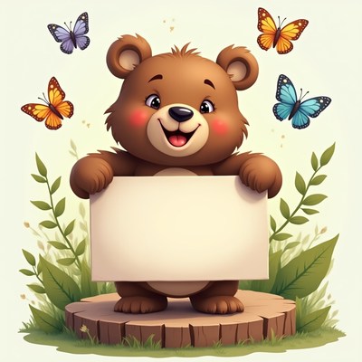 Cute bear with sign and butterflies