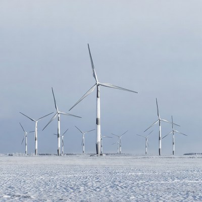 Wind turbines in snowy landscape