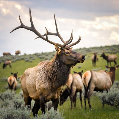 Elk herd in green grassland