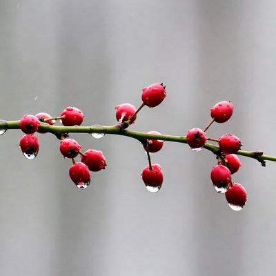 Red berries on a branch after rain