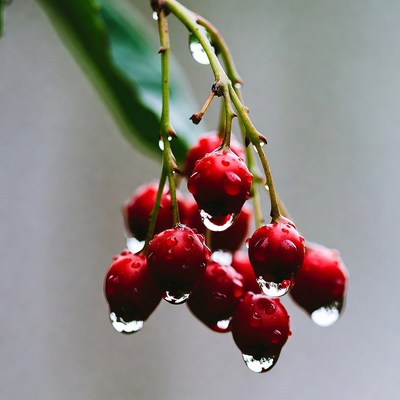Red berries with water drops on branches