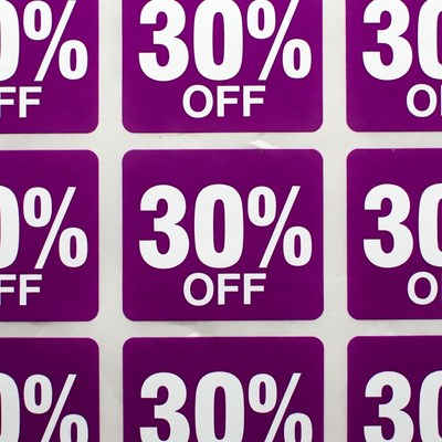 Sale signs with thirty percent discount offers
