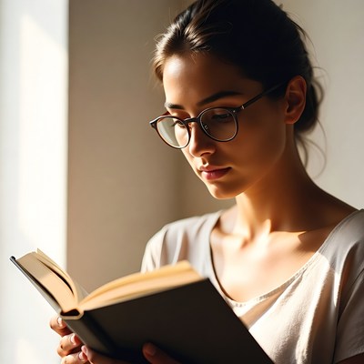 Woman reading book by window light