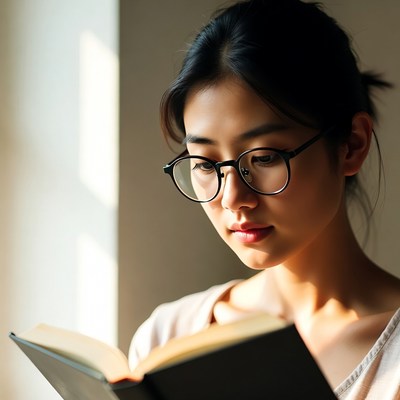 Young woman reads a book indoors