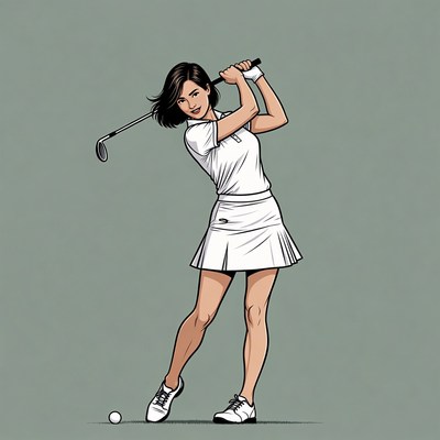 Woman swings golf club on green