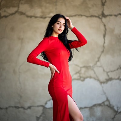 Woman in red dress poses indoors