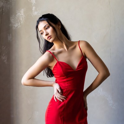 Model poses in red dress indoors