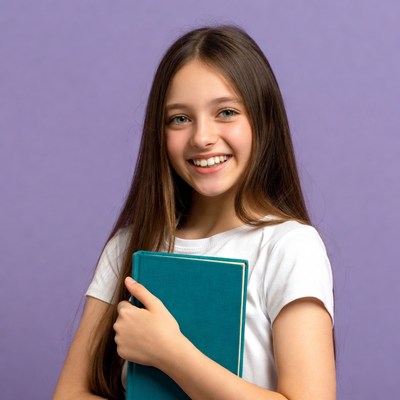 Girl smiles while holding a book