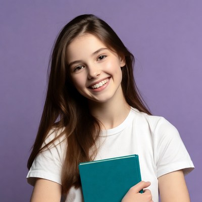 Girl holding a book against purple background
