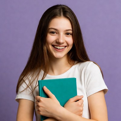 Young girl with book smiles brightly