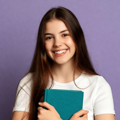 Girl holds book with smile