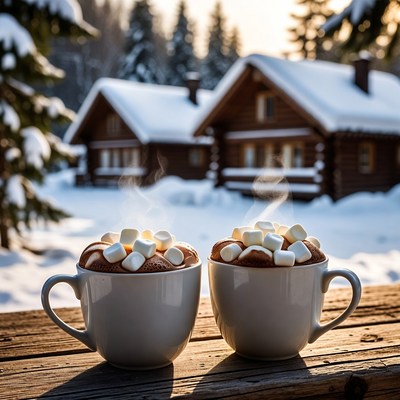 Hot drinks by cozy cabin in winter