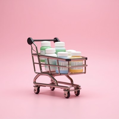 Small cart with bottles on pink background