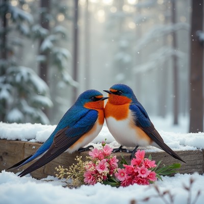 Birds in snow with flowers