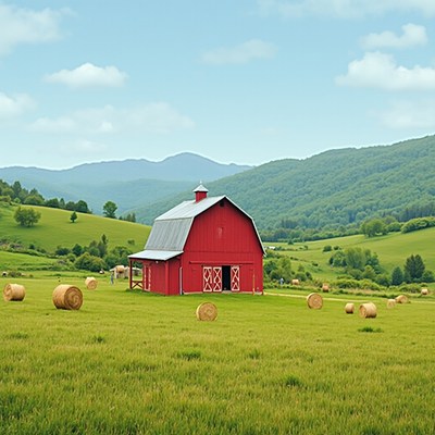 Red barn in field with hay bales