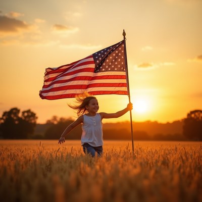 Girl running with flag at sunset