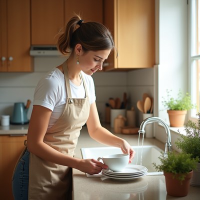 Woman washing dishes in kitchen