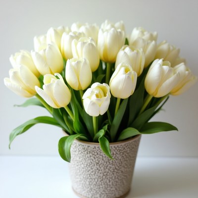 White tulips in a pot on a table