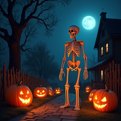 Halloween scene with skeleton and pumpkins