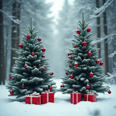 Christmas trees with gifts in snow