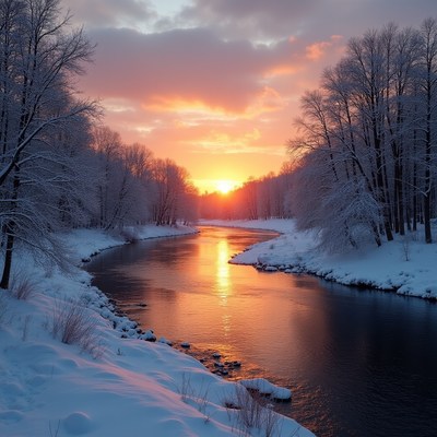 River at sunset in winter