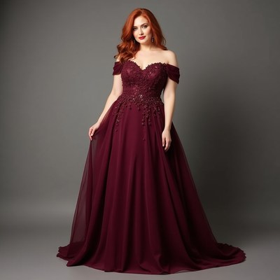 Woman in burgundy evening gown