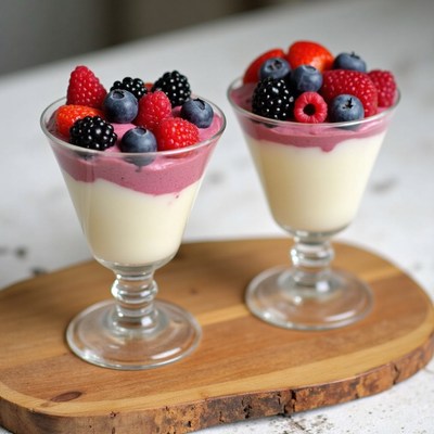 Desserts with berries on a wooden board