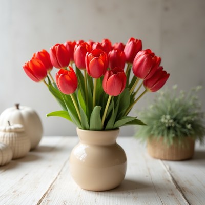 Red tulips in simple vase on table