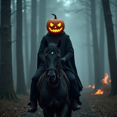 Rider with pumpkin head in forest
