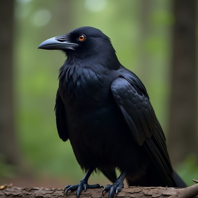 Raven perched on a branch in forest