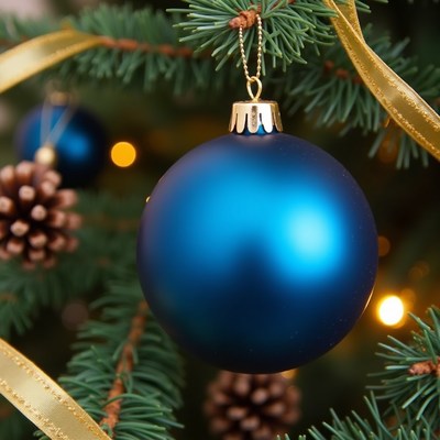 Bright blue ornament hangs on tree