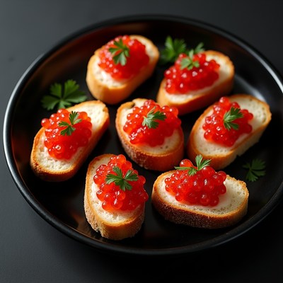 Slices of bread with red caviar