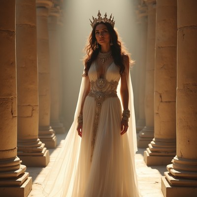 Queen walks through ancient columns