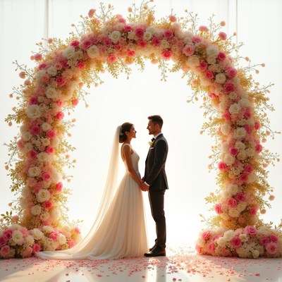 Couple stands under floral arch